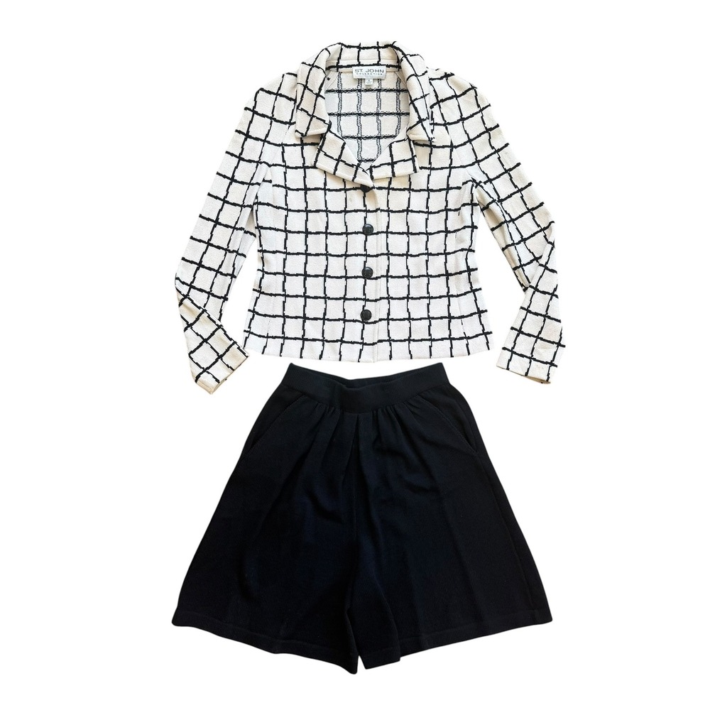 St. John Collection Knit Blazer and Shorts Set Windowpane Plaid Cream Black 4